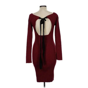 Women Jason Wu Red Long Sleeve Knit Sweater Dress, Black bow Tie back opening, L